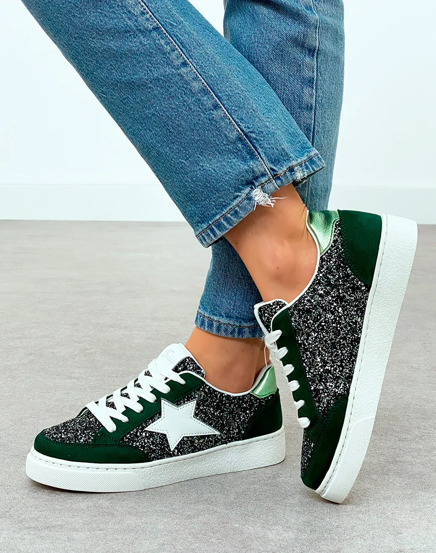 Trendy Dark Green Women's Baskets with Glitter Details and Star