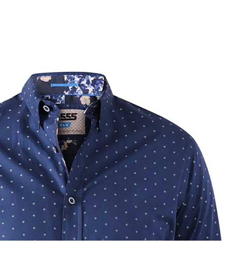Chemise Duke Chilton en coton ajustée avec manches longues et col italien bleu marine à pois
