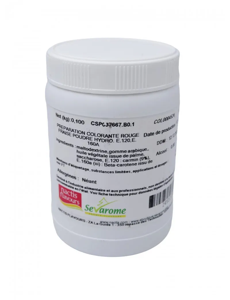 Colorant rouge fraise sans azoïque poudre hydrosoluble professionnel 4524 - Poids 100 g - Couleur Rouge fraise - Pâtisserie 