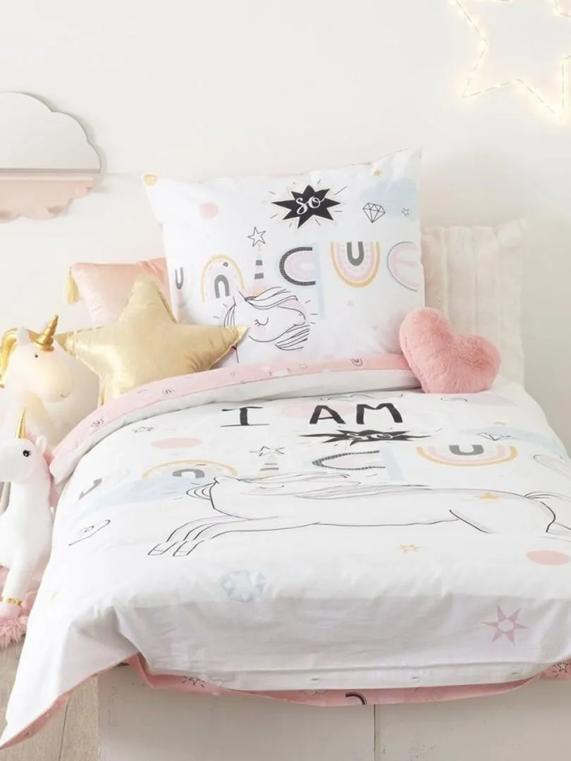 Housse de couette enfant 140x200 Licorne + taie 100% coton 57 fils - Blanc