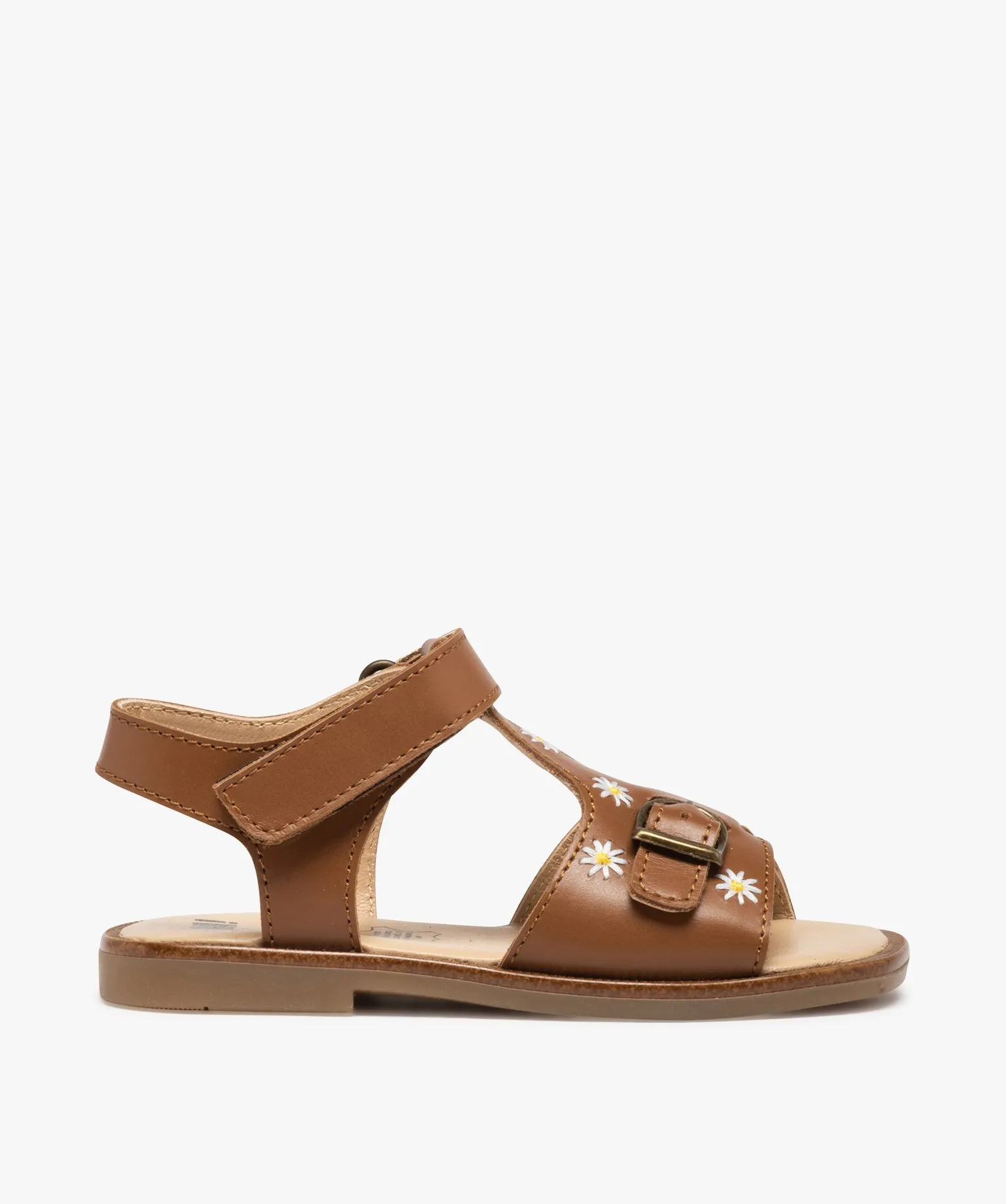 orange leather sandals for girls with embroidered flower details