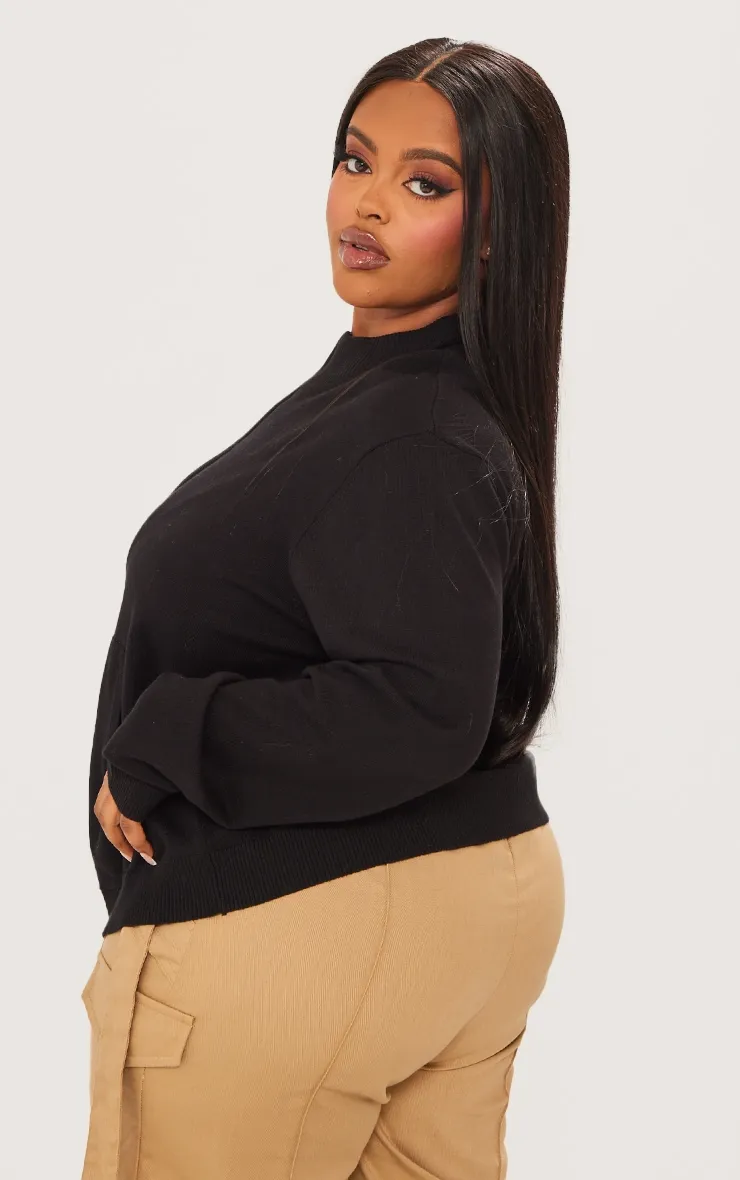Black Fitted Knit Zip-Up Cardigan for Plus Size Women