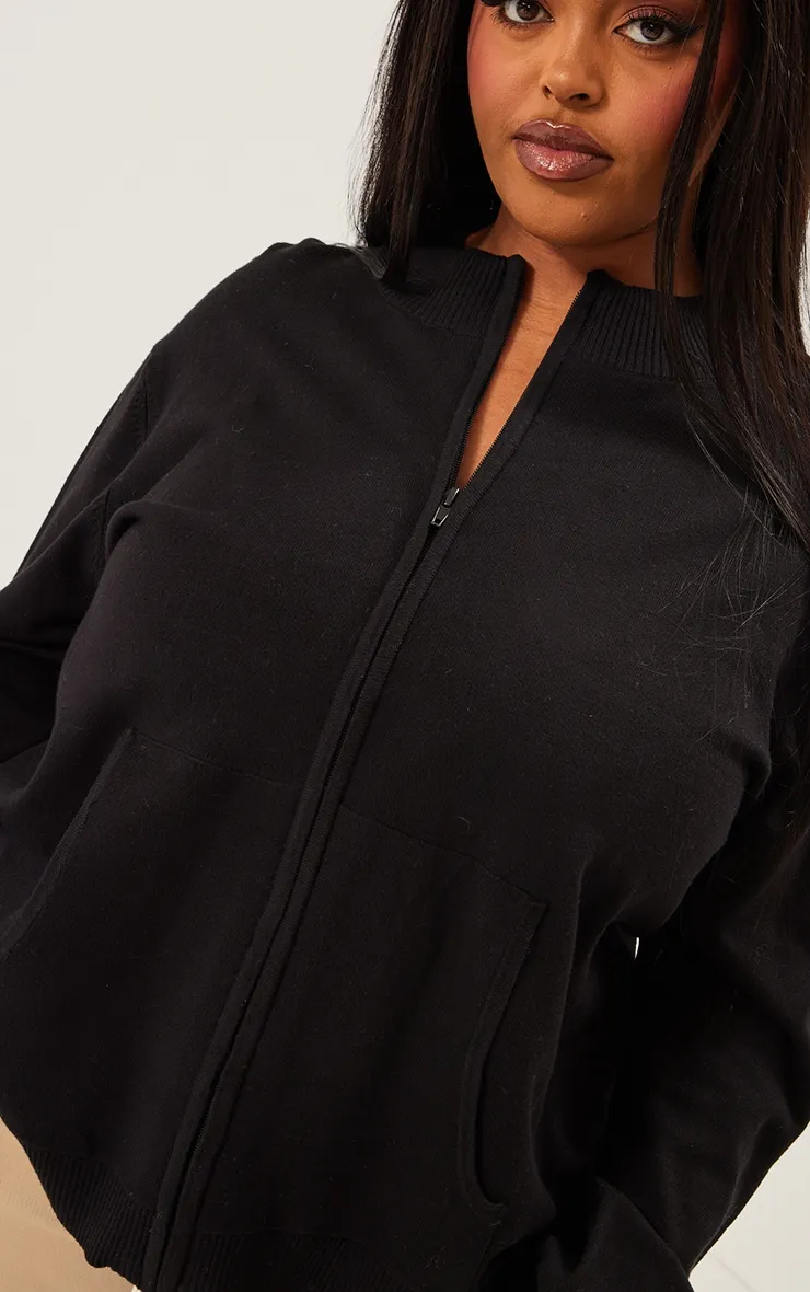 Black Fitted Knit Zip-Up Cardigan for Plus Size Women